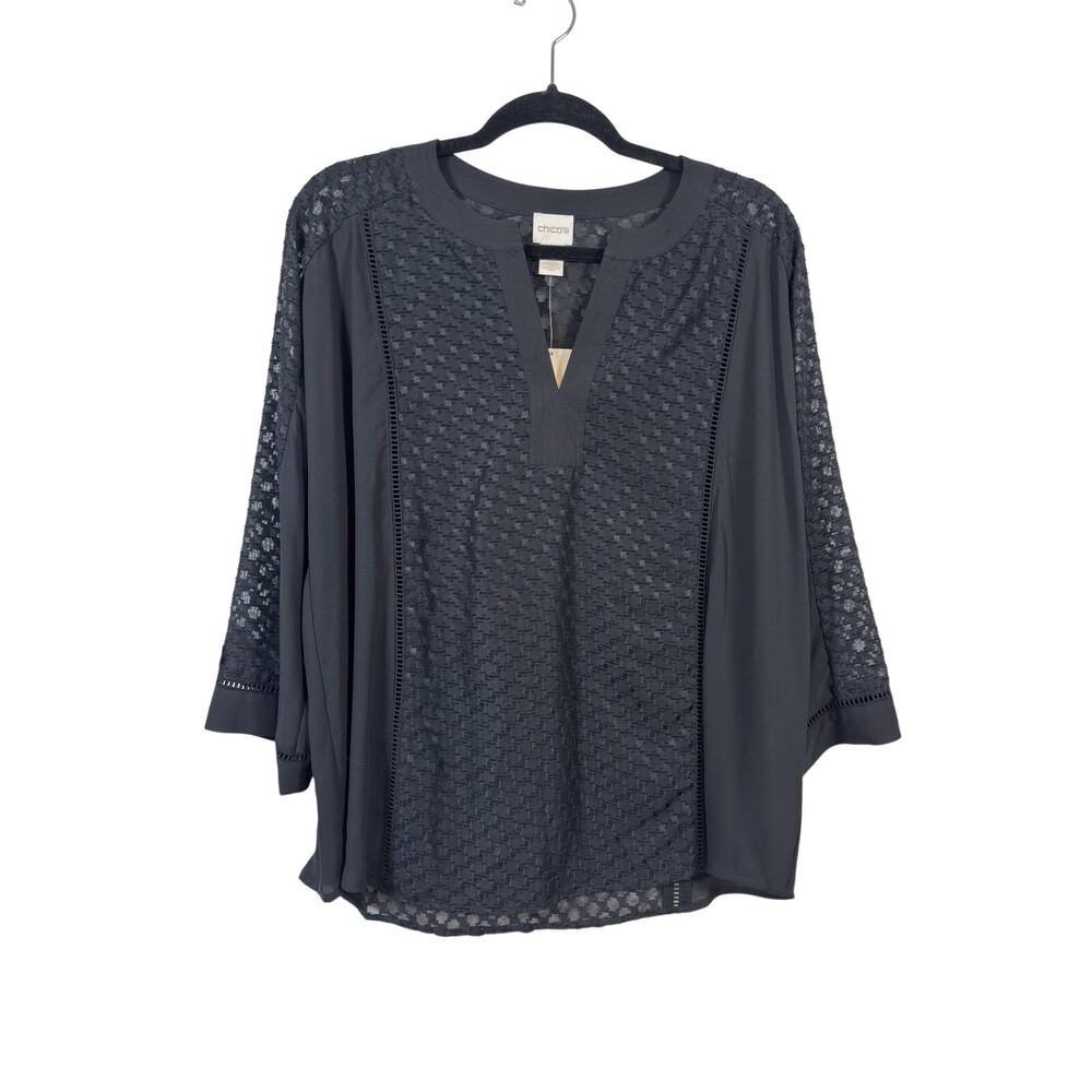 Chico's Clip Jacquard Tunic Top Womens 2 US Large Black 3/4 Sleeve V-Neck NWT